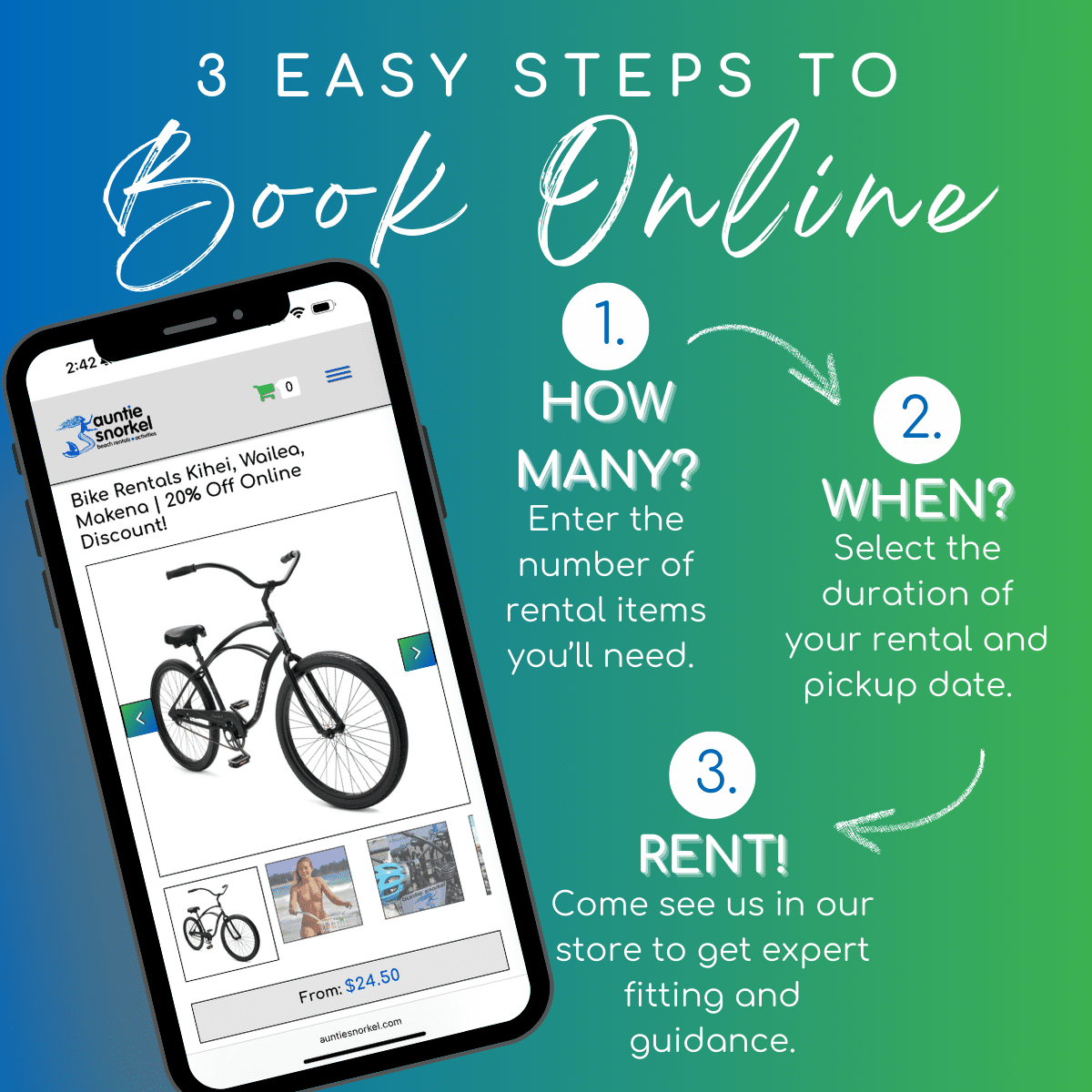 3 East Steps to Book Online - Maui Beach Cruiser Bike Rentals at Auntie Snorkel