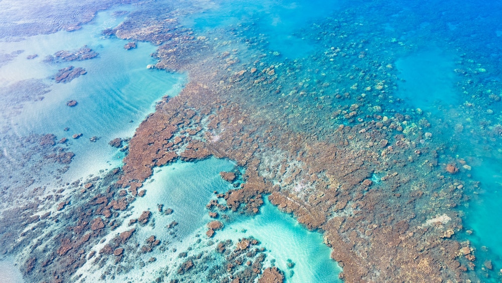 Aerial view of stunning coral reefs next to Highway 30 on Maui 